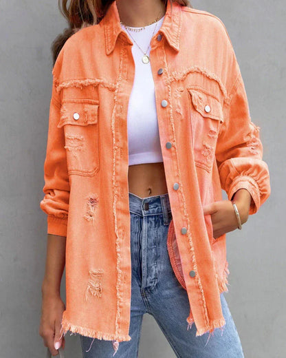 Chaqueta vaquera extragrande desgastada para mujer, con bordes sin rematar, cierre de botones y bolsillos utilitarios en el pecho - Chaqueta relajada para uso diario, ocio y estilo urbano