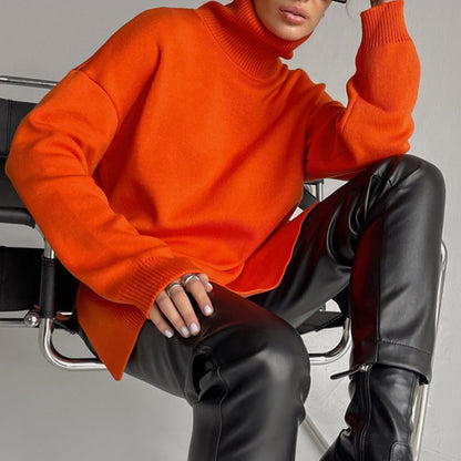 Women's Turtleneck Sweater with a Loose Fit and Side Slits – Comfortable Knit Top for Autumn, Winter, Everyday Wear and Smart Casual Style