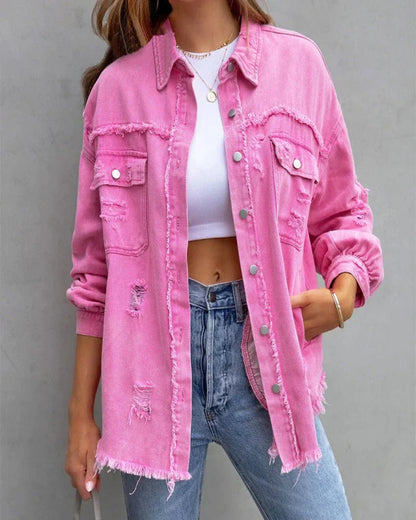 Chaqueta vaquera extragrande desgastada para mujer, con bordes sin rematar, cierre de botones y bolsillos utilitarios en el pecho - Chaqueta relajada para uso diario, ocio y estilo urbano