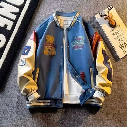 Męska kurtka patchworkowa z haftowanymi detalami i zapięciem na guziki – lekka kurtka casual na co dzień, na czas wolny, w podróż i w stylu streetwear