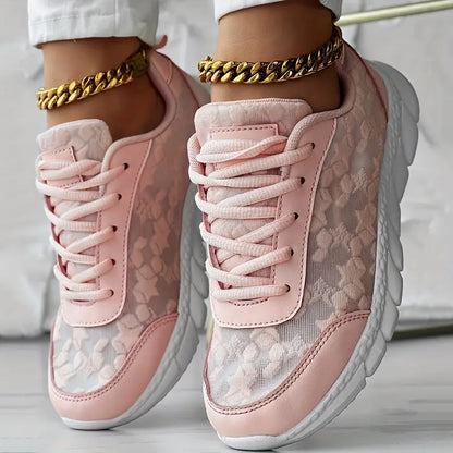 Dame Platform-sneakers I Mesh Med Blomstermønster – Komfortable Snøresko Med Polstret Sål Til Gåture Og Afslappet Hverdagsbrug