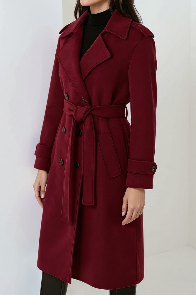 Women’s Long Double-Breasted Winter Coat in a Wool Blend with a Belt – Elegant Tailored Coat for Cold Days and Stylish Everyday Wear