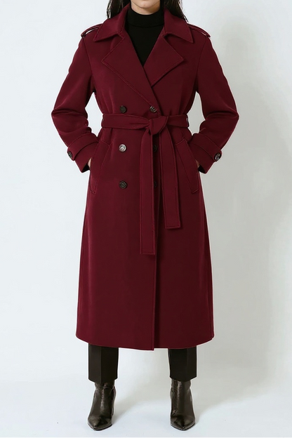 Women’s Long Double-Breasted Winter Coat in a Wool Blend with a Belt – Elegant Tailored Coat for Cold Days and Stylish Everyday Wear