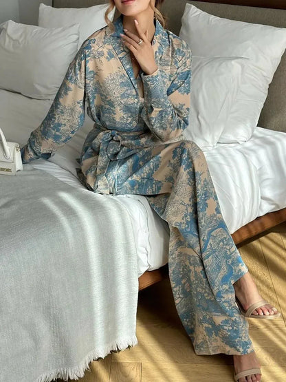 Dame Printet Sæt Med Skjorte Og Bukser Med Vide Ben – Afslappet Outfit Til Rejser Og Anledninger