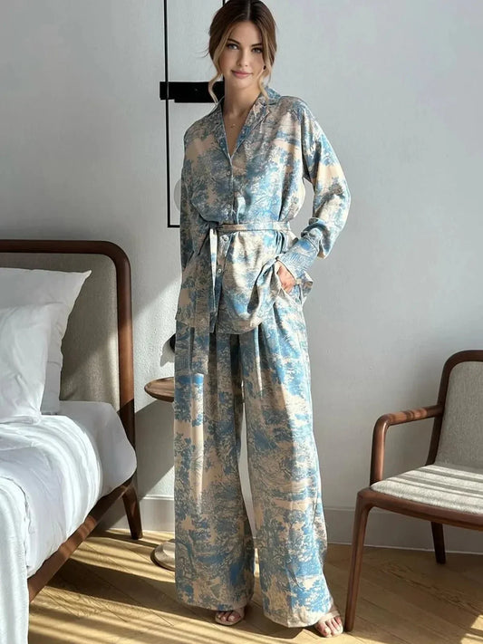 Women's Printed Shirt and Wide-Leg Pants Set – Casual Outfit for Travel and Special Occasions