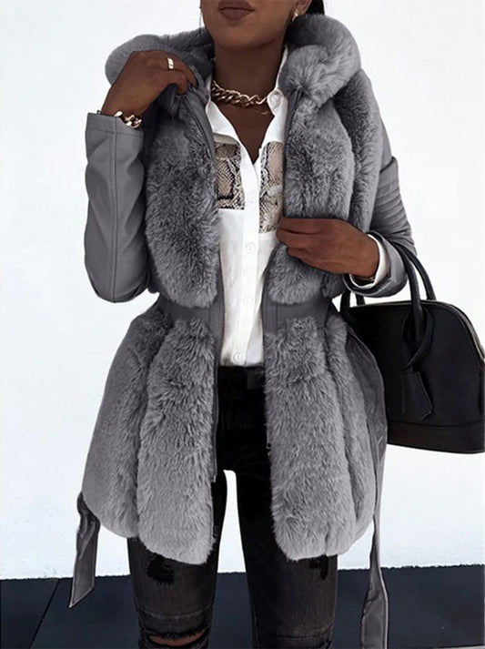 Chaqueta de invierno larga para mujer con piel sintética y cinturón - Prenda de abrigo cálida y elegante para los días fríos, el uso diario, el tiempo libre y un estilo elegante