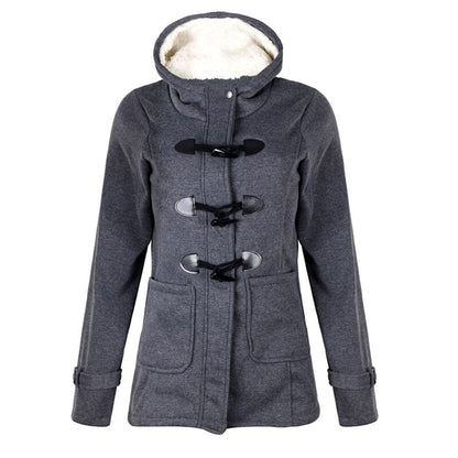 Chaqueta de invierno para mujer con capucha y cierre de botones de madera - Prenda de abrigo cálida para el otoño, los días fríos, el uso diario y el tiempo libre