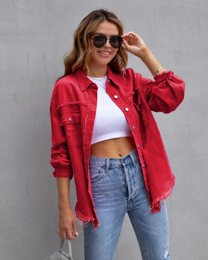 Chaqueta vaquera extragrande desgastada para mujer, con bordes sin rematar, cierre de botones y bolsillos utilitarios en el pecho - Chaqueta relajada para uso diario, ocio y estilo urbano