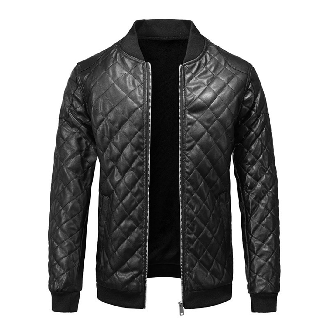 Herre Quiltet Læderjakke Slim Fit Zip Bomberjakke