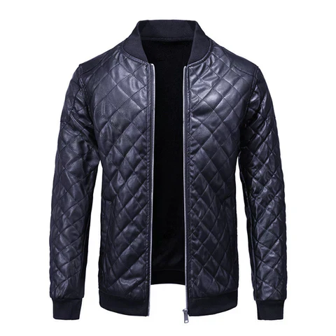 Herre Quiltet Læderjakke Slim Fit Zip Bomberjakke