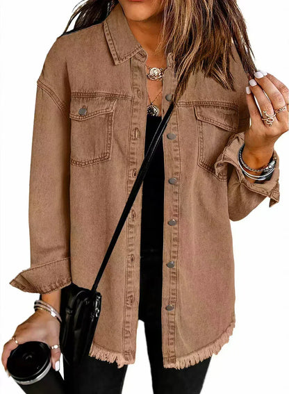 Women's oversized denim jacket with button closure and chest pockets - long style with raw hem for casual everyday wear and modern streetwear