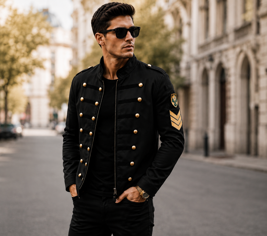 Men's military-inspired jacket with a high collar and button details – structured jacket for everyday wear, the office, leisure, and smart-casual style