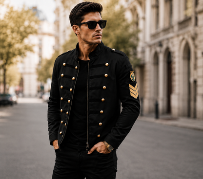 Men's military-inspired jacket with a high collar and button details – structured jacket for everyday wear, the office, leisure, and smart-casual style