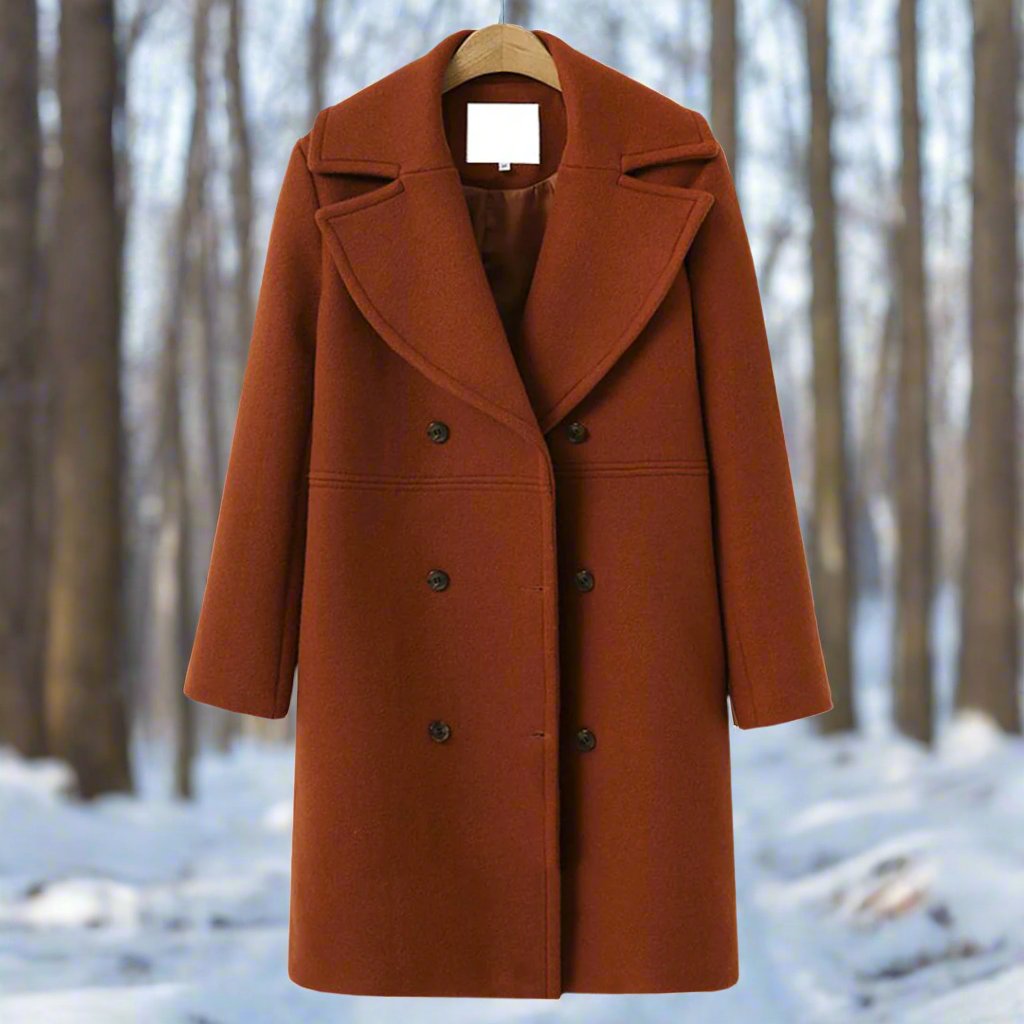 Dámský dlouhý dvouřadý vlněný kabát – teplý a elegantní zimní kabát na chladné dny, každodenní nošení a styl smart casual