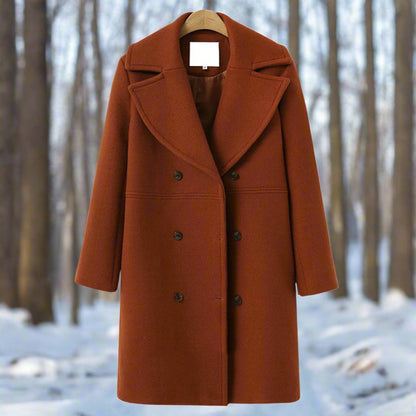 Dámský dlouhý dvouřadý vlněný kabát – teplý a elegantní zimní kabát na chladné dny, každodenní nošení a styl smart casual