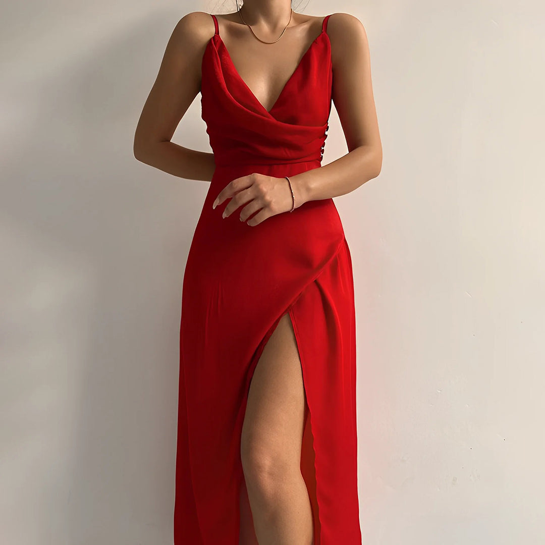 Vestido midi elegante para mujer con tirantes finos, espalda descubierta y diseño drapeado: vestido de fiesta con abertura para la noche, bodas y ocasiones especiales
