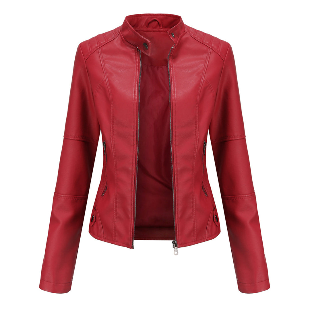 Geacă biker de damă din piele ecologică, cu design cambrat și închidere cu fermoar – Geacă elegantă pentru toamnă, oraș, timp liber și stil smart casual