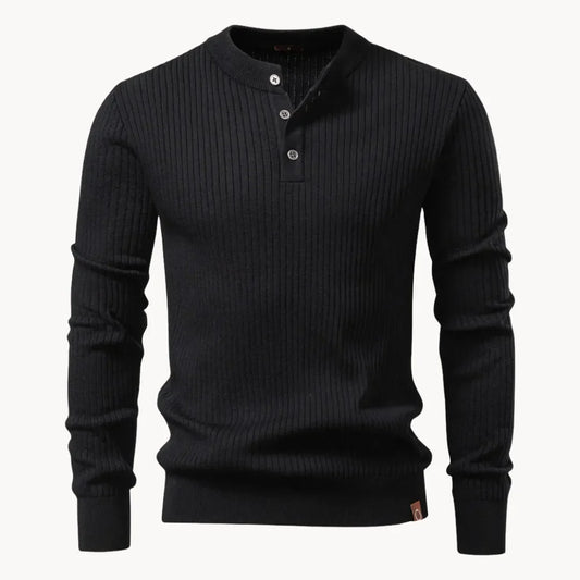 Męski prążkowany sweter henley slim fit z długimi rękawami – stylowy pulower z zapięciem na guziki pod szyją, na co dzień w stylu casual i smart casual