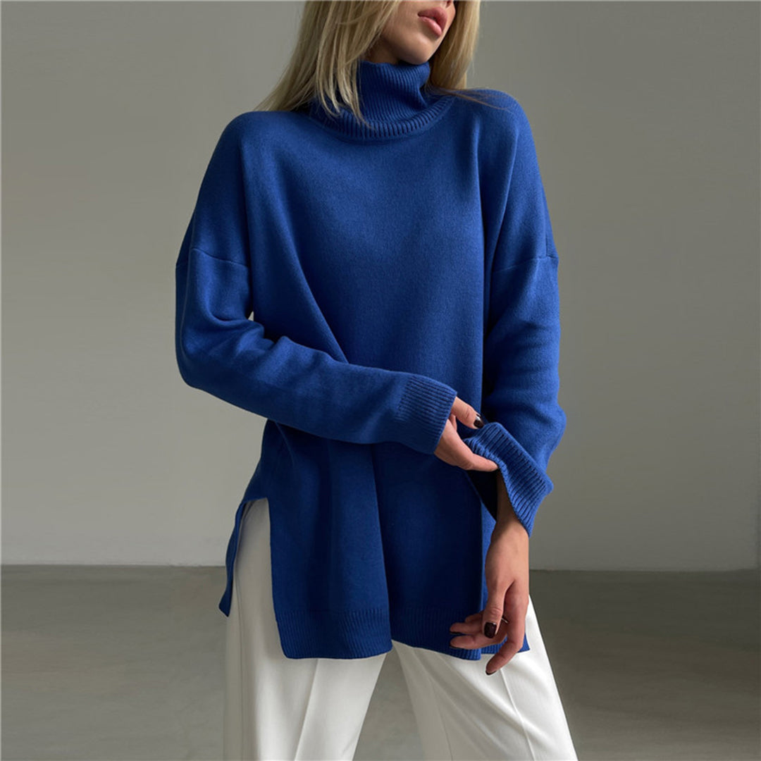 Women's Turtleneck Sweater with a Loose Fit and Side Slits – Comfortable Knit Top for Autumn, Winter, Everyday Wear and Smart Casual Style
