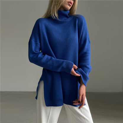 Women's Turtleneck Sweater with a Loose Fit and Side Slits – Comfortable Knit Top for Autumn, Winter, Everyday Wear and Smart Casual Style