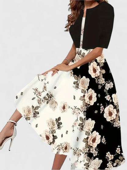 Rochie midi în linie A, cu imprimeu și mâneci trei sferturi – rochie elegantă pentru uz zilnic, birou, petreceri și ocazii speciale