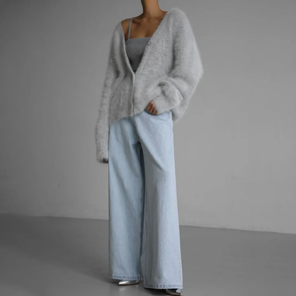 Dame Oversized Mohair-cardigan Med V-hals Og Knapper – Blød, Fluffy Strik Med Afslappet Pasform Til Efterår, Vinter Og Lag-på-lag Hverdagsbrug