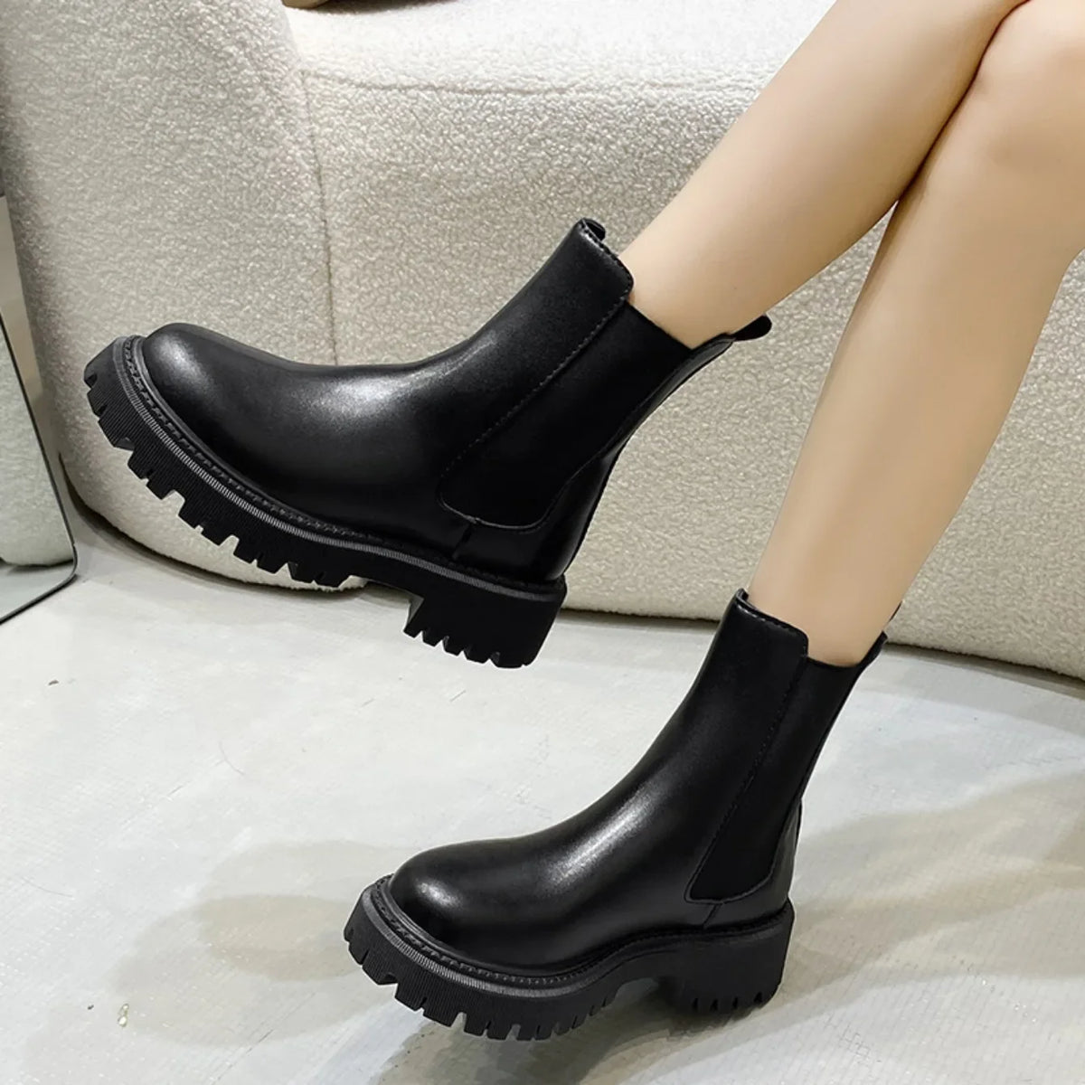 Botines Chelsea chunky para mujer con suela gruesa dentada - botines modernos para otoño, invierno, uso diario y tiempo libre