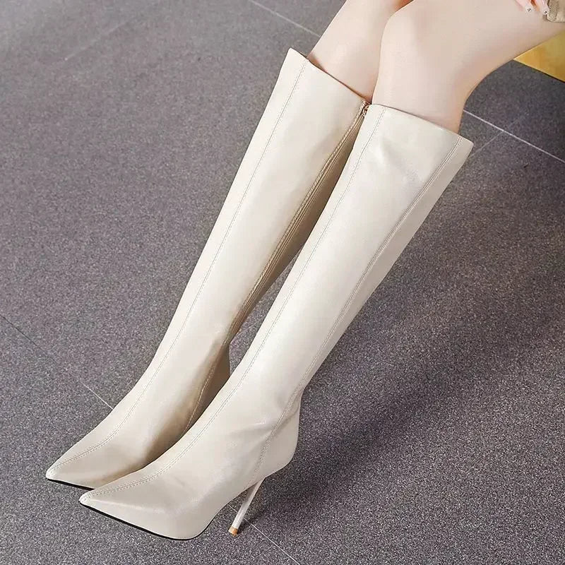 Botas altas de mujer hasta la rodilla con efecto piel, punta fina, tacón de aguja y cierre lateral - elegantes botas de invierno para fiestas, uso nocturno y ocasiones especiales