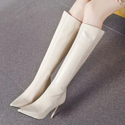 Botas altas de mujer hasta la rodilla con efecto piel, punta fina, tacón de aguja y cierre lateral - elegantes botas de invierno para fiestas, uso nocturno y ocasiones especiales