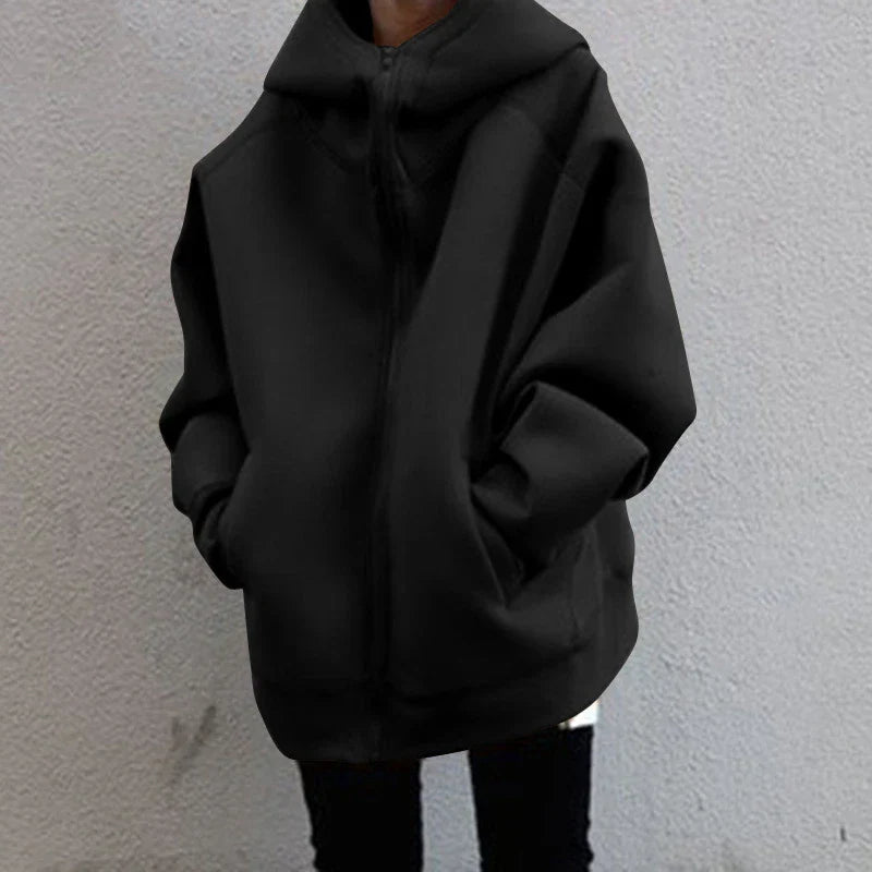 Dámská oversized mikinová bunda s kapucí a zipem – prostorná mikinová bunda pro chladné dny, každodenní nošení a ležérní vrstvený styling