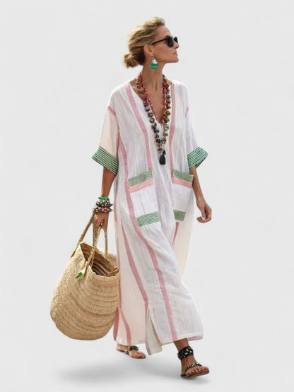 Women's Oversized Striped Kaftan Dress with V-Neck – Loose Maxi Dress for the Beach, Vacations, Summer, Leisure, and Everyday Wear