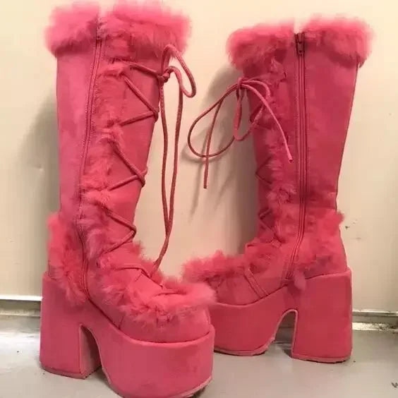 Botas de nieve de piel sintética para mujer con suela de plataforma, cordones y cierre lateral – Botas de invierno hasta la rodilla para días fríos, uso diario y actividades al aire libre