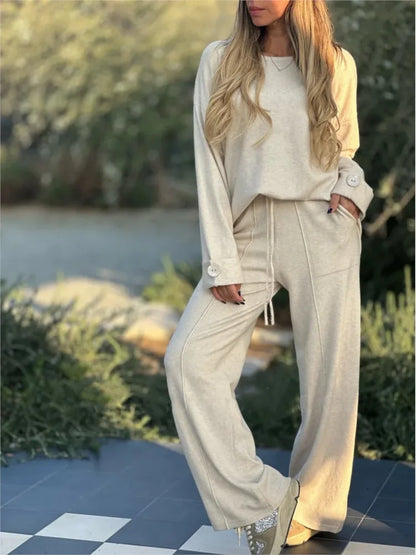 Women's Casual 2-Piece Set With Soft Long-Sleeve Top And Drawstring Wide-Leg Pants - Comfortable Set For Everyday Wear, Leisure And Relaxation