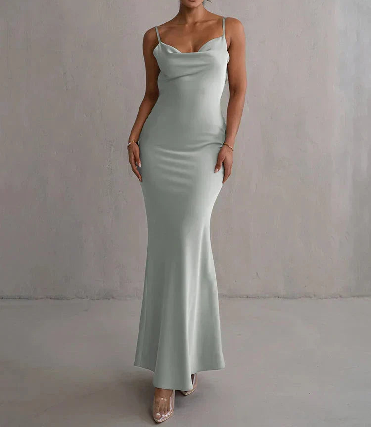 Women's satin maxi dress with a draped neckline and spaghetti straps - elegant fitted evening dress for weddings and formal events