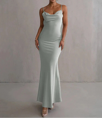Women's satin maxi dress with a draped neckline and spaghetti straps - elegant fitted evening dress for weddings and formal events