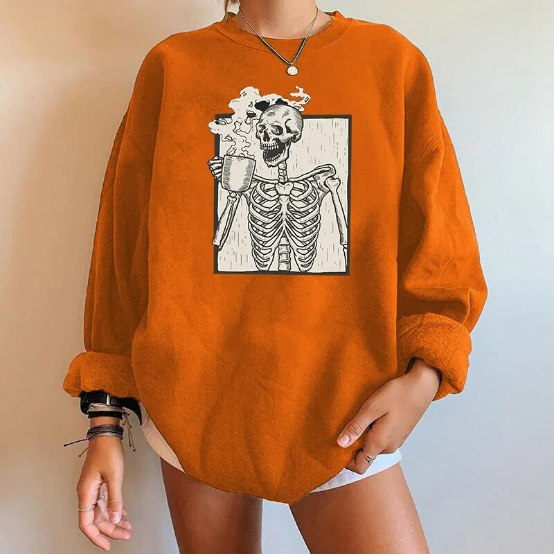 Sudadera de Halloween para mujer, con estampado de esqueleto y café - Pulóver informal para otoño, uso diario, tiempo libre y celebración de Halloween