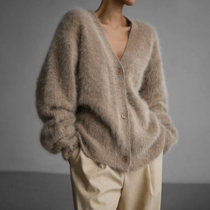 Dame Oversized Mohair-cardigan Med V-hals Og Knapper – Blød, Fluffy Strik Med Afslappet Pasform Til Efterår, Vinter Og Lag-på-lag Hverdagsbrug