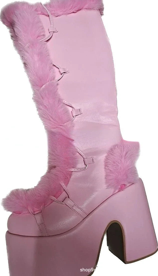 Botas de nieve de piel sintética para mujer con suela de plataforma, cordones y cierre lateral – Botas de invierno hasta la rodilla para días fríos, uso diario y actividades al aire libre