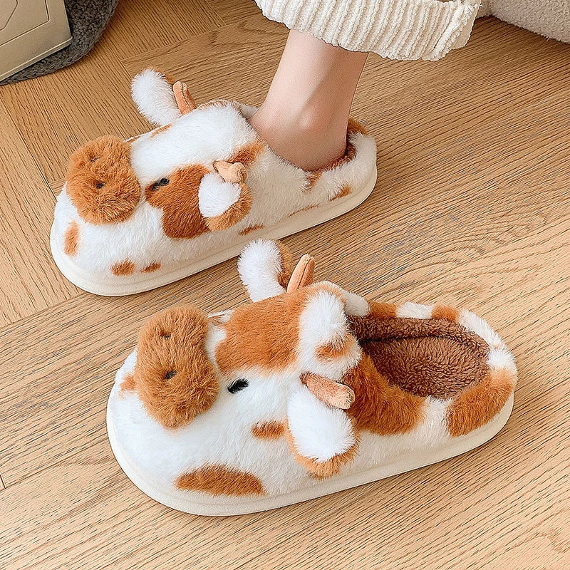Women's Plush-Lined Cow Slippers with Closed Toe and Cute Animal Design - Warm House Slippers for Home, Relaxation and Everyday Use