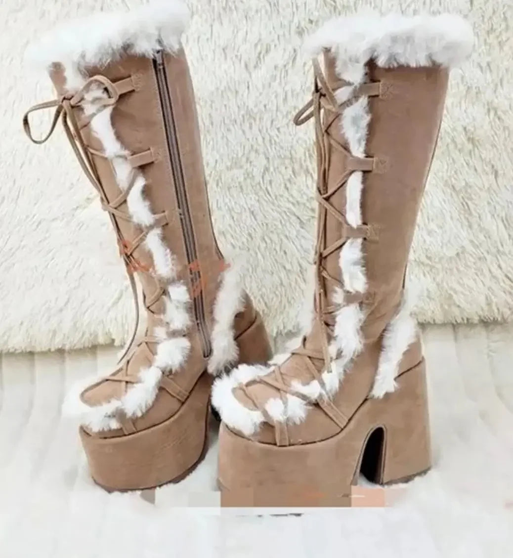 Botas de nieve de piel sintética para mujer con suela de plataforma, cordones y cierre lateral – Botas de invierno hasta la rodilla para días fríos, uso diario y actividades al aire libre