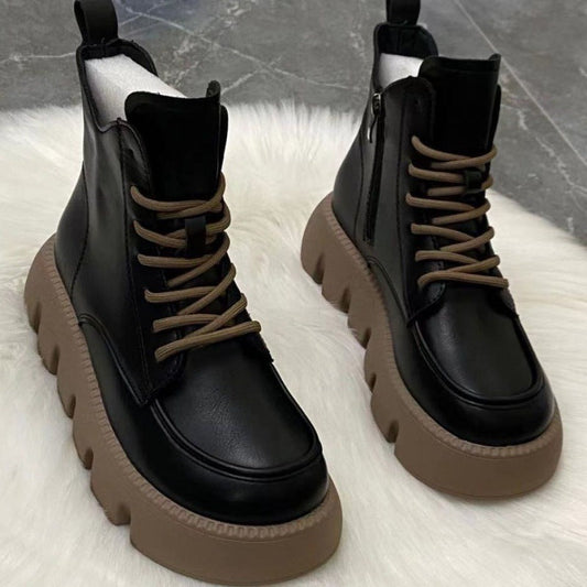 Women's chunky platform ankle boots with laces, side closure, and lug sole - retro combat-style winter boots for fall, winter, everyday wear, and leisure
