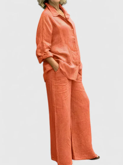 Conjunto de lino para mujer con camisa informal y pantalones de pernera ancha – Conjunto veraniego transpirable de 2 piezas para vacaciones, tiempo libre, uso diario y estilo informal elegante