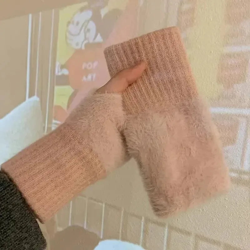 Guantes de invierno suaves sin dedos para mujer, de piel sintética - cálidos calentadores largos de muñeca para días fríos, uso diario y tiempo libre