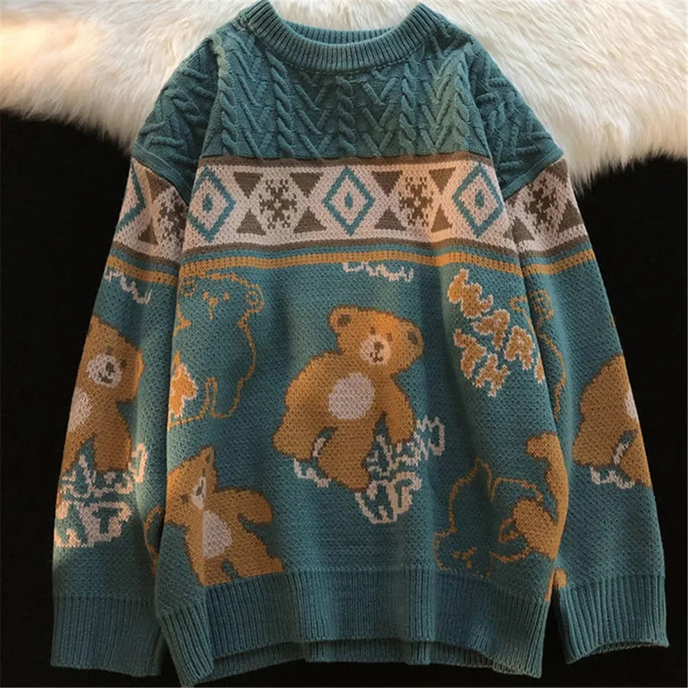 Jersey de punto de ochos para mujer con motivo de osito - Prenda de punto invernal acogedora para los días fríos, el día a día y el tiempo libre