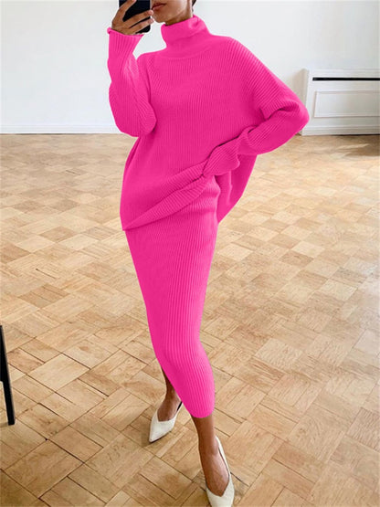 Women's Turtleneck Knit Set With Casual Long-Sleeve Sweater And Slim-Fit Midi Skirt - Elegant 2-Piece Set For Fall, Everyday Wear And Smart Casual Style