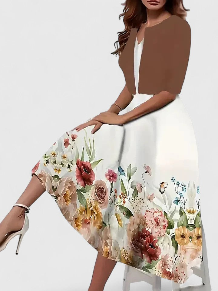 Rochie midi în linie A, cu imprimeu și mâneci trei sferturi – rochie elegantă pentru uz zilnic, birou, petreceri și ocazii speciale