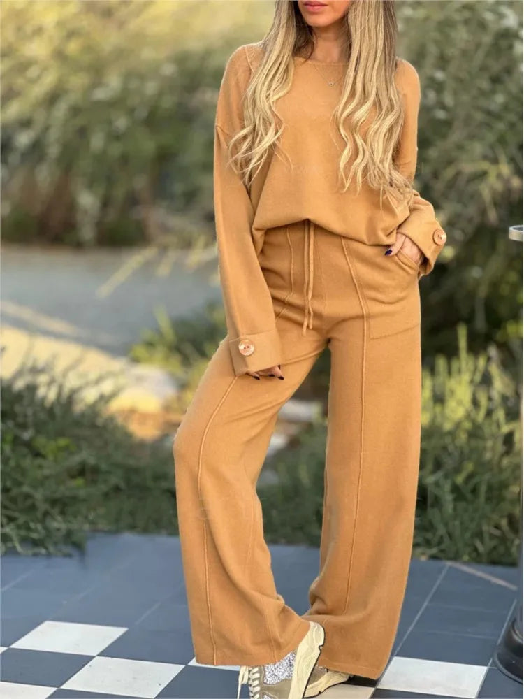Women's Casual 2-Piece Set With Soft Long-Sleeve Top And Drawstring Wide-Leg Pants - Comfortable Set For Everyday Wear, Leisure And Relaxation