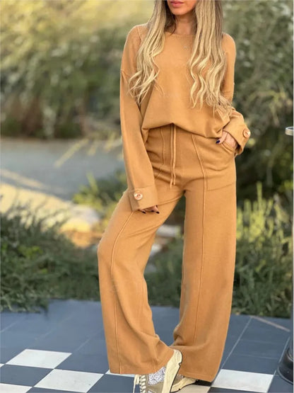 Women's Casual 2-Piece Set With Soft Long-Sleeve Top And Drawstring Wide-Leg Pants - Comfortable Set For Everyday Wear, Leisure And Relaxation