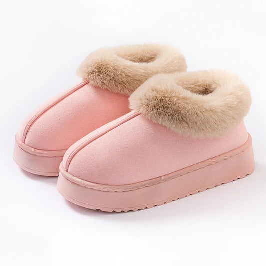 Women's plush-lined winter slippers in faux suede with a platform sole and faux fur trim - warm slip-on slippers for home, relaxation and cold days