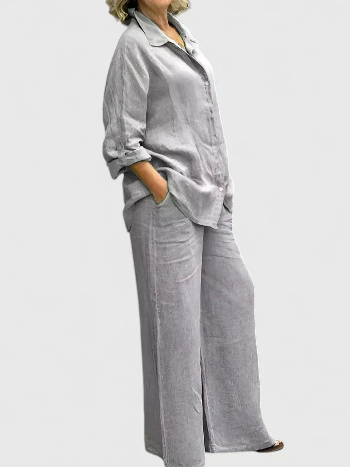 Conjunto de lino para mujer con camisa informal y pantalones de pernera ancha – Conjunto veraniego transpirable de 2 piezas para vacaciones, tiempo libre, uso diario y estilo informal elegante